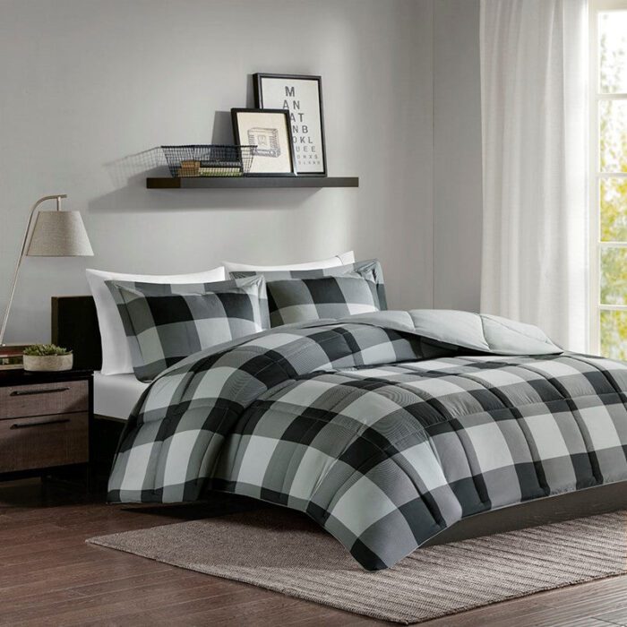  Essentials Barrett 3M Scotchgard Down Alt Comforter Mini Set in Grey / Black, King / Cal King Madison ParkE10-560