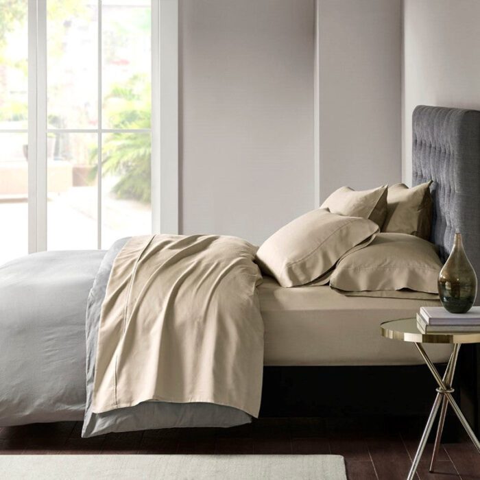  800 Thread Count Cotton Blend Sateen Sheet Set in Khaki, Split King Madison ParkH20-0021