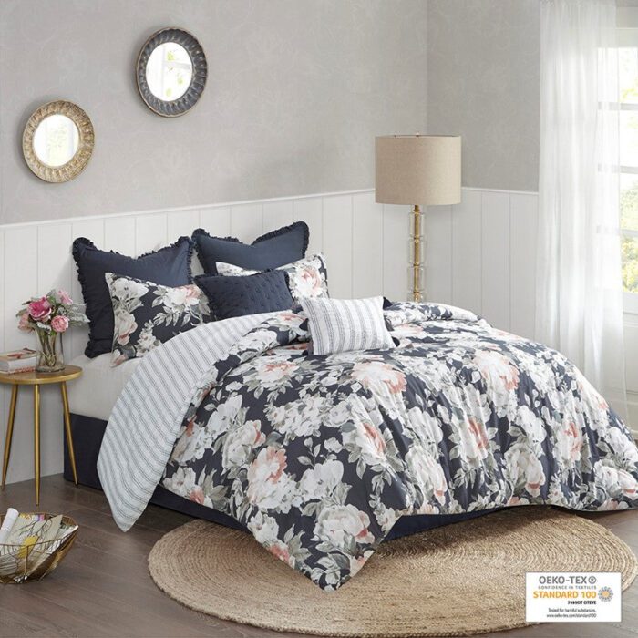  Mavis 8 Piece Cotton Printed Reversible Comforter Set in Dark Blue, Cal King Madison Park10-6586