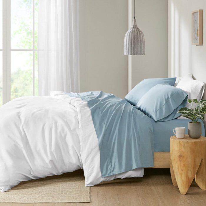  200 Thread Count Cotton Peached Percale Sheet Set in Teal, Full Madison Park20-5383