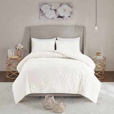  Veronica 3 Piece Tufted Cotton Chenille Floral Comforter Set in Off White, King / Cal King Madison Park10-7824