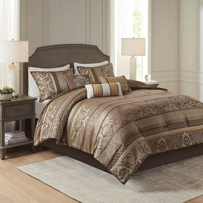  Bellagio 7 Piece Jacquard Comforter Set in Brown / Gold, Cal King Madison Park10-4535