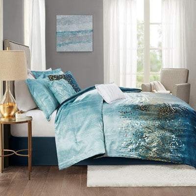  Midnight Garden 7 Piece Metallic Print Comforter Set in Navy, Queen Madison Park10-7829