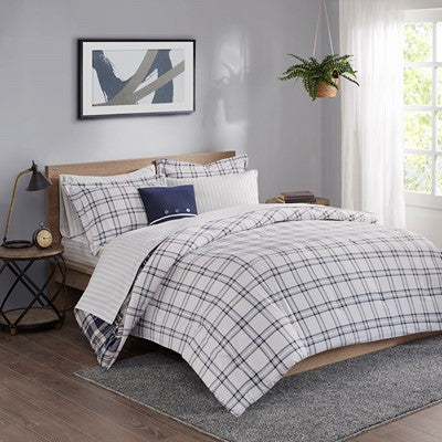 Essentials Patrick Reversible Comforter Set with Bed Sheets in Navy, Full Madison ParkE10-874