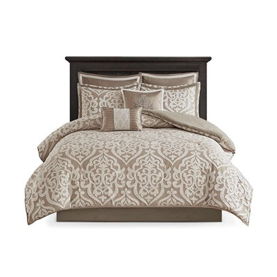  Odette 8 Piece Jacquard Comforter Set in Tan, Queen Madison Park10-6287